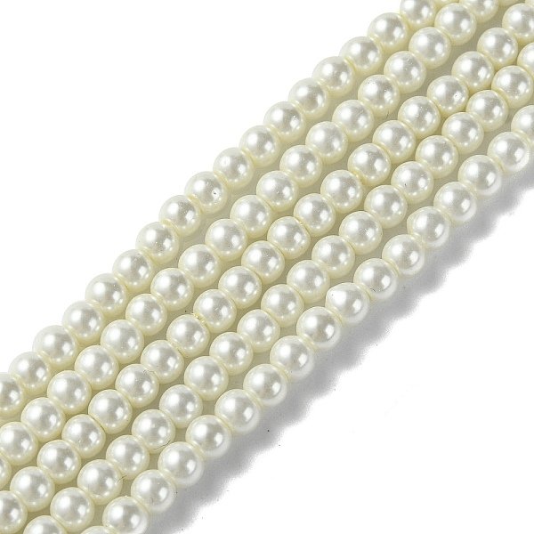 Eco-Friendly Dyed Glass Pearl Round Beads Strands, Grade A, Cotton Cord Threaded, White, 4-4.5mm, Hole: 0.7-1.1mm, about 104pcs/strand, 15 inch
