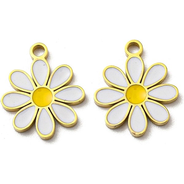 Dijes De Esmalte De Acero Inoxidable 304, Amuletos De Margarita, Blanco, Real 14K Chapado En Oro, 13X11X1Mm, Agujero: 1.4 Mm-image