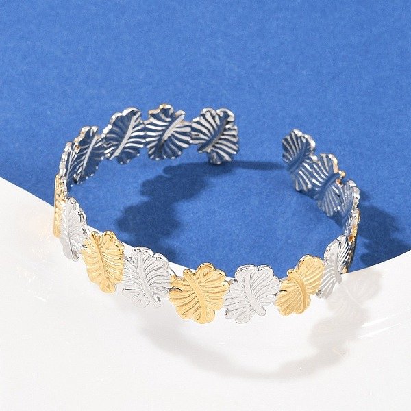 304 Stainless Steel Cuff Bangles For Women, Leaf, Ion Plating(Ip), Golden & Stainless Steel Color, 1/2 Inch(1.3Cm), Inner Diameter: 2-1/8 Inch(5.3Cm)-image