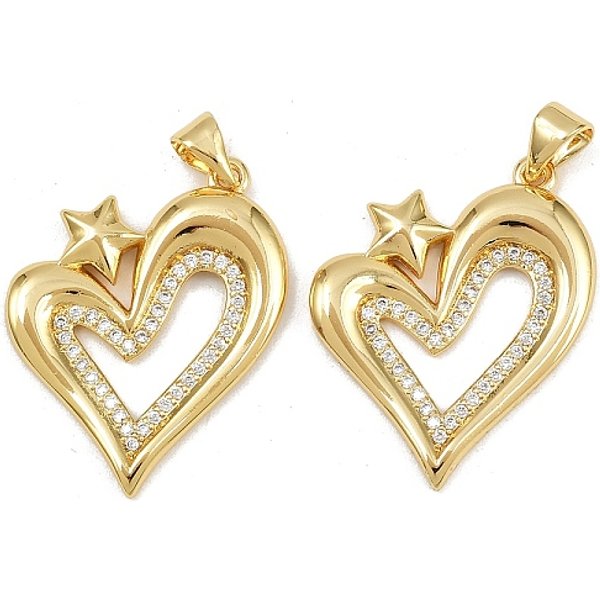 Brass Micro Pave Cubic Zirconia Pendants, Heart, Real 16K Gold Plated, 26.5X22X3Mm, Hole: 4.5X3.5Mm-image