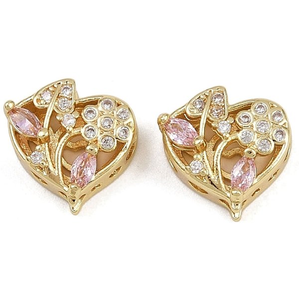MehrsträNgige Glieder Aus Messing Mit Pavé-Kubikzirkonia, Langlebig Plattiert, Blumenherz, Golden, Rosa, 11X11.5X6 Mm, Bohrung: 2 Mm-image