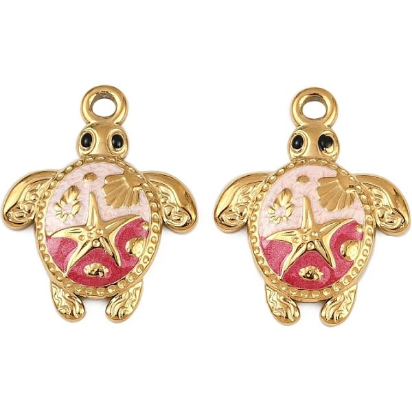 304 Stainless Steel Enamel Pendants, Golden, Sea Turtle With Starfish Charm, Cerise, 23X18X3Mm, Hole: 1.8Mm-image