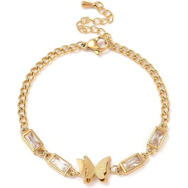 Pulsera Con Eslabones De Mariposa Y RectáNgulo De Circonita CúBica, Cadenas De Eslabones De Acero Inoxidable 304 Con Revestimiento IóNico (Ip) Dorado, Claro, 6-3/8 Pulgada (16.3 Cm)-image