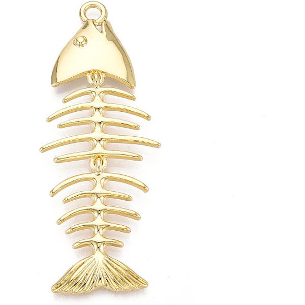 Brass Big Pendants, Cadmium Free & Lead Free, Fishbone, Real 18K Gold Plated, 84X32.5X6.5Mm, Hole: 4Mm-image