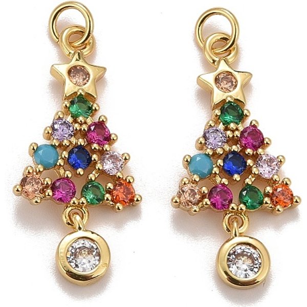 Pendenti zirconi, con placcatura a cremagliera in vero ottone placcato oro 18k, con anelli di salto, placcato di lunga durata, piombo & cadmio & nichel libero, alberi di Natale, colorato, 22.5x11x2mm, anello di salto: 4x0.6 mm, 2.5mm...
