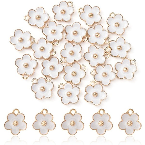 Light Gold Plated Alloy Enamel Pendants, Flower Charm, White, 13X11.5X3Mm, Hole: 1.6Mm-image
