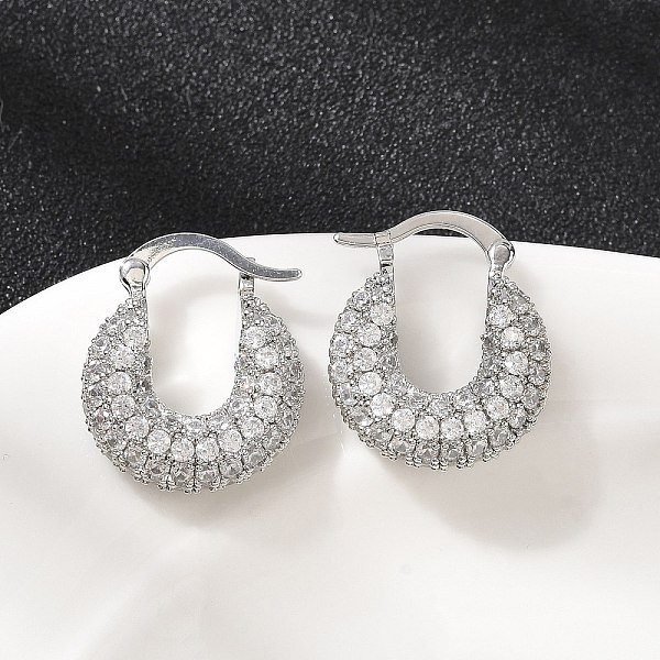 Boucles D'oreilles CréOles Rondes Plates En Laiton Avec Micro Pavé De Zircones Cubiques Transparentes, Sans Cadmium Et Sans Plomb, CréMaillèRe Plaquage, Plaqué Longue DuréE, Platine, 19.5X17X6.5Mm-image