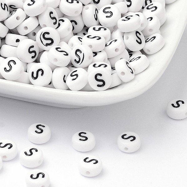 Acrylic Beads, with Horizontal Hole, Letter, Flat Round, Letter.S, 7x4mm, Hole: 1mm, about 3500pcs/500g
