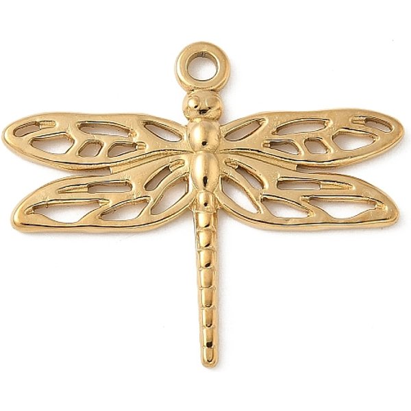 304 Stainless Steel Dragonfly Pendants, Insect Charms, Ion Plating(IP), Real 18K Gold Plated, 25x30x2mm, Hole: 1.8mm