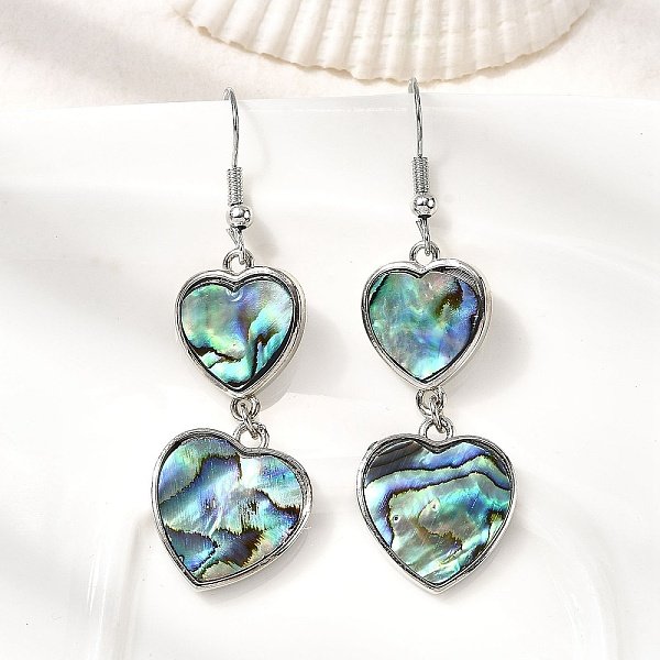 Brass Natural Abalone Shell Dangle Earrings, Long-Lasting Plated, Rack Plating, Platinum, Heart, 54X17Mm-image