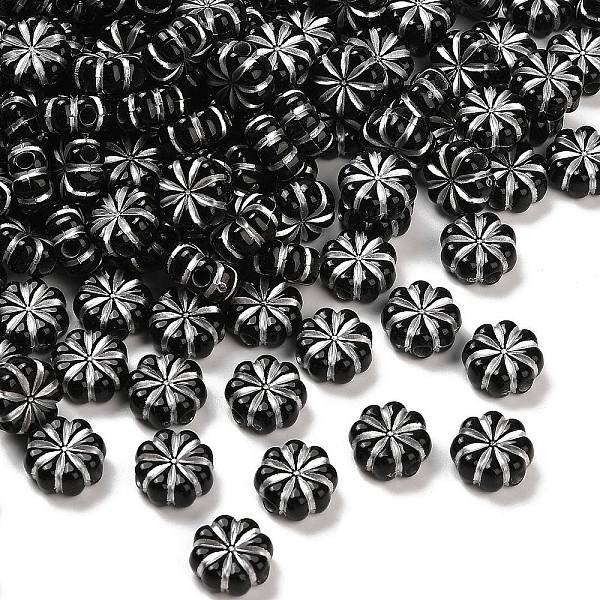 Opaque Acrylic Beads, Silver Metal Enlaced, Black, Flat Round, 13.5X6.5Mm, Hole: 2.7Mm, About 684Pcs/500G-image