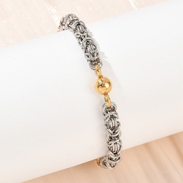 201 Stainless Steel Byzantine Chain Bracelets For Women, With 304 Stainless Steel Clasp, Ion Plating(Ip), Round Links, Golden & Stainless Steel Color, 8-5/8 Inch(21.8Cm)-image