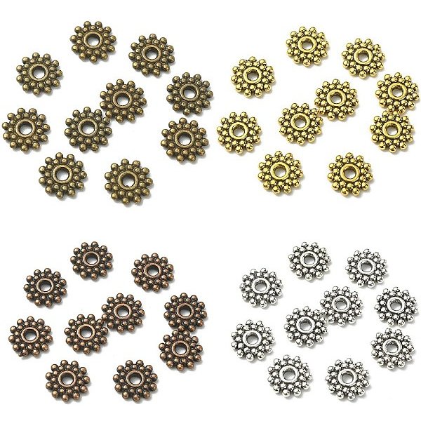 100 StüCk 4-Farben-Zahnrad Aus Tibetischer Silberlegierung, Abstandsperlen, Granulierte Perlen, Mischfarbe, 9 Mm, Bohrung: 2.5 Mm, 25 Stk. Je Farbe-image