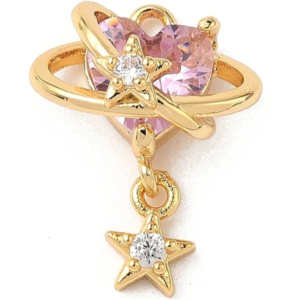 Brass Micro Pave Cubic Zirconia Pendants, Heart Planet & Star, Real 18K Gold Plated, Nickel Free, Pink, 19X14.5X9.5Mm, Hole: 1.4Mm-image