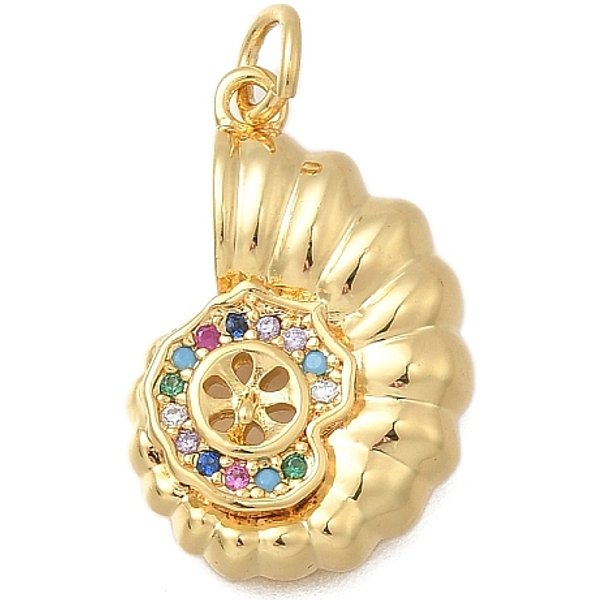 Brass Micro Pave Cubic Zirconia Pendants, Conch Shape, Cadmium Free & Lead Free, Rack Plating, Long-Lasting Plated, With Jump Ring, Real 18K Gold Plated, 20.5X14X4Mm, Hole: 3Mm-image