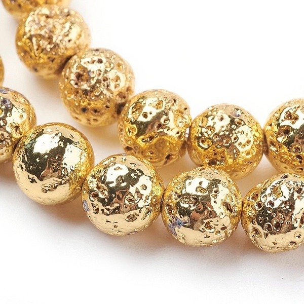 Brins De Perles De Pierre De Lave Naturelle GalvaniséEs, Ronde, Cahoteuse, Plaqué Or, 8-8.5Mm, Trou: 1Mm, Environ 47 Pcs/Chapelet, 15.35 Pouce (39 Cm)-image
