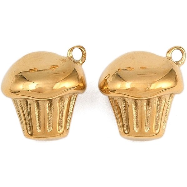 304 Stainless Steel Charms, Lead Free & Cadmium Free, Ion Plating(IP), Cup Cake, 15x13x9.5mm, Hole: 1.6mm