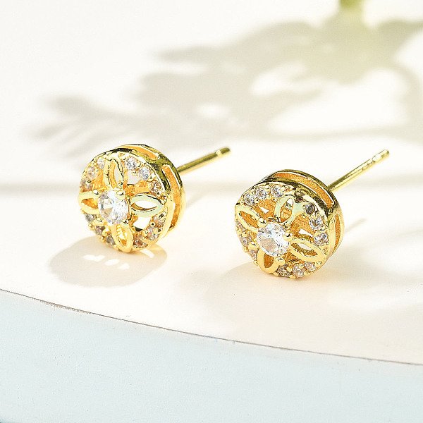 Aretes Planos Redondos De LatóN Con Micropavé De Circonita CúBica Transparente, Chapado En Rack, Plateado De Larga DuracióN, Sin Plomo Y El Cadmio, Dorado, 7.5Mm-image