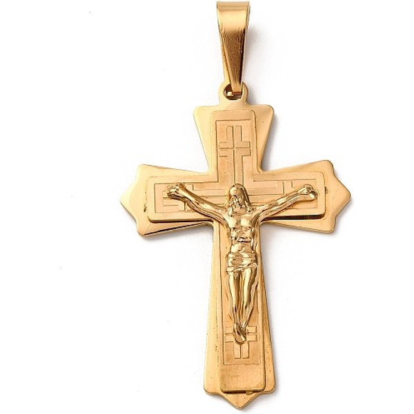 304 Stainless Steel Pendants, Cross Charms With Jesus, Pvd Vacuum Plating, Real 18K Gold Plated, 49X33X5Mm, Hole: 12X6.5Mm-image