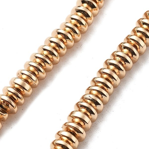 Hebras de cuentas de hematites no magnéticas sintéticas galvanizadas, cuentas de platillo, chapado en oro de la luz, 6x2.5-3mm, agujero: 1.2 mm, aproximamente 142 pcs / cadena, 16.54'' (42 cm)