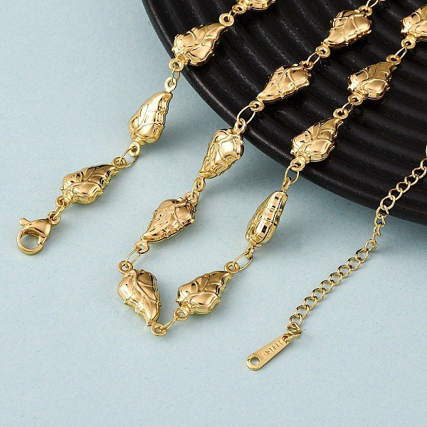 304 Stainless Steel Leaf Link Chain Necklaces for Women, Golden, 17.28 inch(43.9cm)