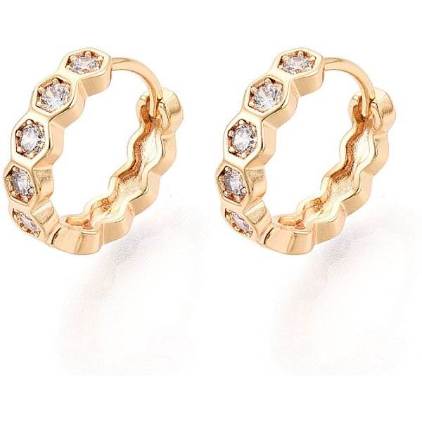 Brass Micro Pave Clear Cubic Zirconia Hexagon Hoop Earrings, Real 18K Gold Plated, 14X15X3.5Mm-image