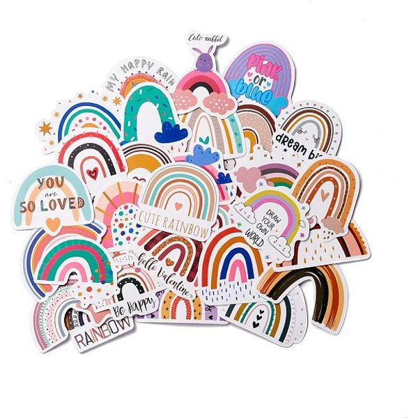 Cartoon Rainbow Paper Stickers Set, Waterproof Adhesive Label Stickers, For Water Bottles, Laptop, Luggage, Cup, Computer, Mobile Phone, Skateboard, Guitar Stickers Decor, Mixed Color, 3.2-5.4X4-6.7X0.02Cm, 60Pcs/Bag-image