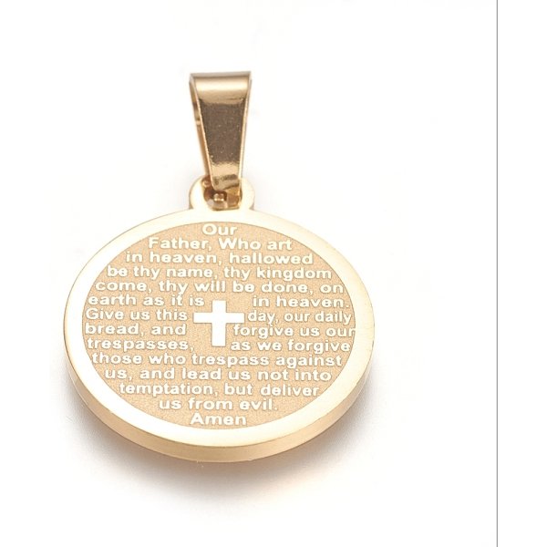 Ion Plating(IP) 304 Stainless Steel Pendants, Flat Round with Lord's Prayer Cross, Golden, 21x18x1.5mm, Hole: 6x4mm