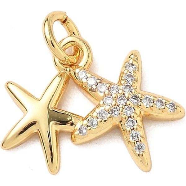 Colgante Micropavé Cubic Zirconia De LatóN, Sin Plomo Y Cadmio, Plateado De Larga DuracióN, Chapado En Rack, Real 18K Chapado En Oro, Con Anillo De Salto, Estrella De Mar, 13X17X3Mm, Agujero: 3 Mm-image
