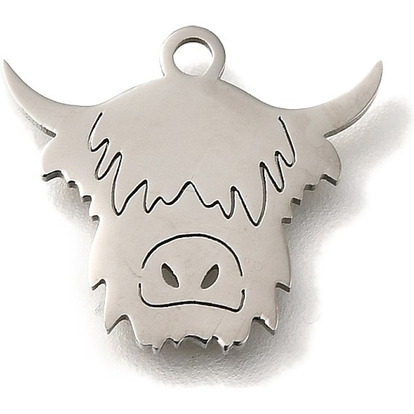 201 Stainless Steel Pendants, Cow Charms, Stainless Steel Color, 13.5x15x1mm, Hole: 1.5mm