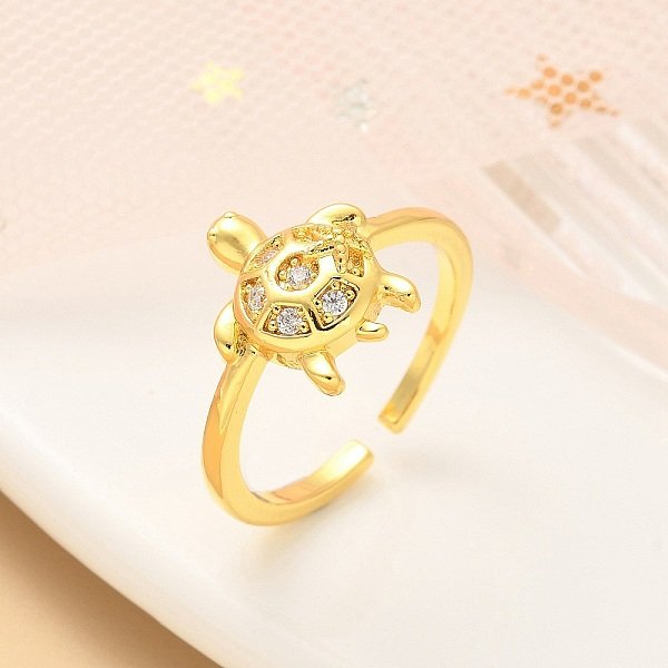 304 Stainless Steel Open Cuff Finger Rings For Women, With Cubic Zirconia, Turtle, Real 18K Gold Plated, 12.5X11Mm, Inner Diameter: Adjustable-image