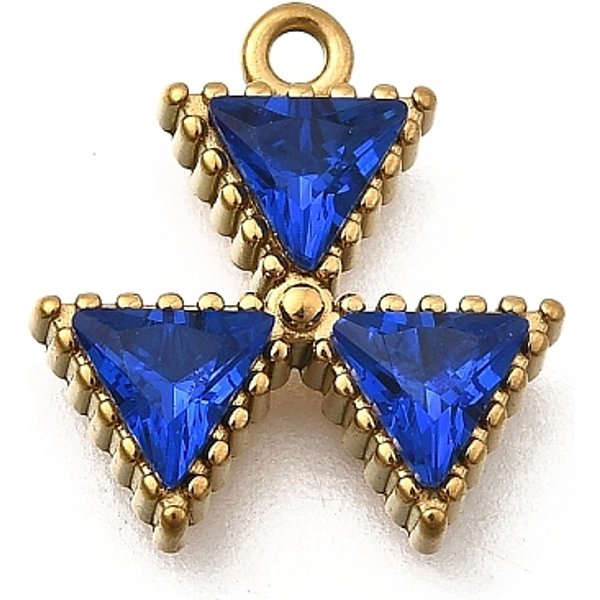 AnhäNger Aus Edelstahl 304, Mit Zirkonia, Dreieck AnhäNger / Charms, Ionenbeschichtung (Ip), Golden, Blau, 13X12X3 Mm, Bohrung: 1.2 Mm-image