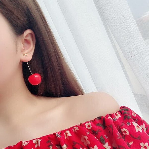Lifelike Cherry Resin Dangle Stud Earrings, Fruit Brass Earrings For Girl Women, Light Gold, Red, 56Mm, Pin: 0.6Mm-image