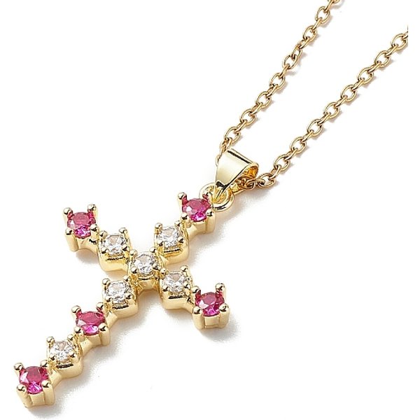 Collana Con Pendente Croce Di Zirconi Fucsia, Gioielli In Acciaio Inossidabile 304 Per Donna, Oro, 16.73 Pollice (42.5 Cm)-image
