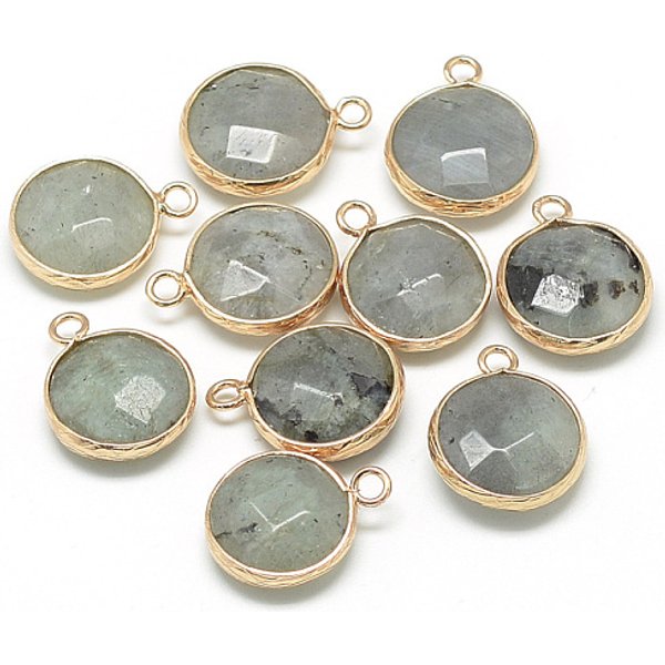 Natur Labradorit AnhäNger, Mit Messing-ZubehöR, Facettiert, Flachrund, Golden, Grau, 19-21X15-16X6-7 Mm, Bohrung: 2 Mm-image