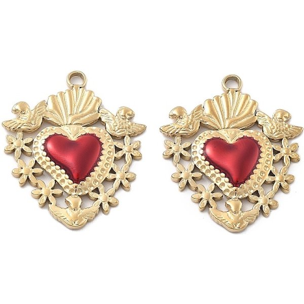 Ciondoli in acciaio inox smaltato 304, placcatura ionica (ip), ciondolo cuore sacro con fiore, vero placcato oro 18k, 29.5x25x3mm, Foro: 2.5 mm