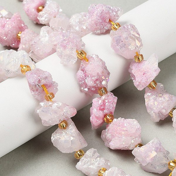 Electroplated Natural Druzy Agate Beads Strands, Nuggets, With Seed Beads, Pearl Pink, 10-16X12.5-15X11.5-13Mm, Hole: 0.8Mm, About 14Pcs/Strand, 8.07-8.27''(20.5-21Cm)-image