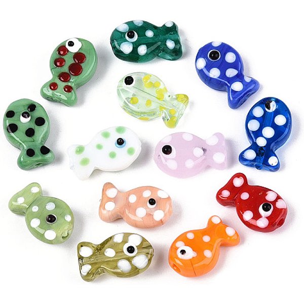 Hilos De Abalorios De Murano Hechos A Mano, Pez Con Punto, Color Mezclado, 19-20.5X12.5-13X7-10Mm, Agujero: 1-1.5 Mm, Aproximamente 14-15 Pcs / Cadena, 11.02-11.81 Pulgada (28-30 Cm)-image