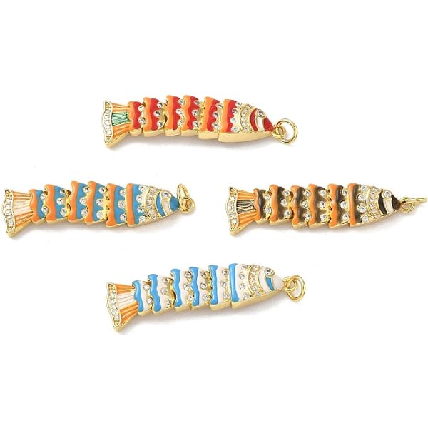 Brass Micro Pave Clear Cubic Zirconia Pendants, Fish Charms, With Enamel And Jump Rings, Rack Plating, Cadmium Free & Lead Free, Long-Lasting Plated, Real 18K Gold Plated, Mixed Color, 36.5X8.5X4Mm, Hole: 3.5Mm-image