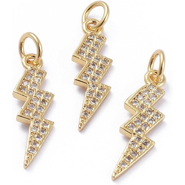 Brass Micro Pave Cubic Zirconia Pendants, with Jump Rings, Long-Lasting Plated, Lightning, Clear, Golden, 20x6x1.5mm, Hole: 3mm