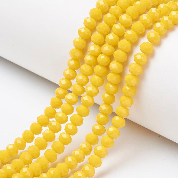 Opaque Solid Color Glass Beads Strands, Faceted, Rondelle, Yellow, 4X3Mm, Hole: 0.4Mm, About 110-115Pcs/Strand, 39-40Cm-image