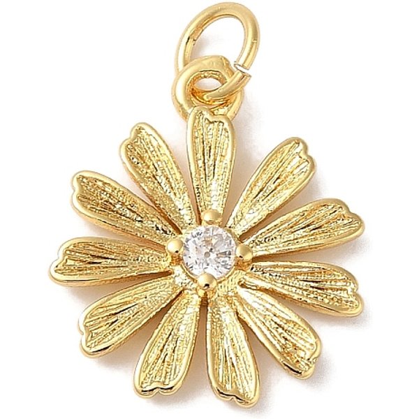 Placage en rack pendentifs en laiton et zircone cubique, sans cadmium et sans plomb, Plaqué longue durée, fleur, avec anneau de jonction, véritable 18k plaqué or, 17x14.5x2.5mm, Trou: 5mm