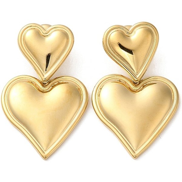 304 Stainless Steel Dangle Stud Earrings, Heart, Real 18K Gold Plated, 33X20Mm-image
