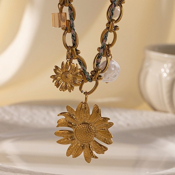 304 Stainless Steel Sunflower Pendant Necklaces, with Acrylic and Glass Pearl, Ion Plating(IP), Cadmium Free & Nickel Free & Lead Free, Real 18K Gold Plated, 16.14 inch(41cm)