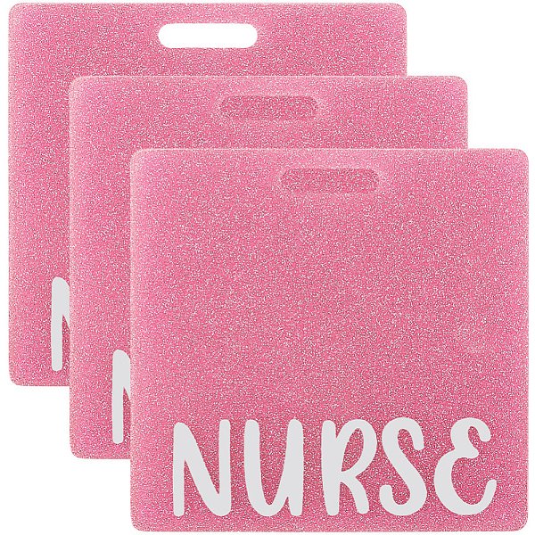 Acryl-Anhänger, Rechteck mit Wort Krankenschwester, mit Glitzerpulver, neon rosa , 85x82x2 mm, Bohrung: 20x4.5 mm
