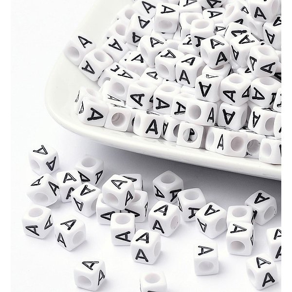 Acrylic Letter Beads, Letter A, Cube, 6Mm In Diameter, About 2600Pcs, Hole: About 3.2Mm, 2600Pcs/500G-image