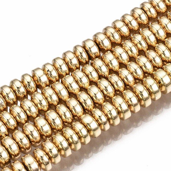Hilo electrolítico no-magnético hematita cordón hebras, rerondana plana, chapado en oro de la luz, 4x2mm, agujero: 1 mm, aproximamente 180 pcs / cadena, 15.7 pulgada