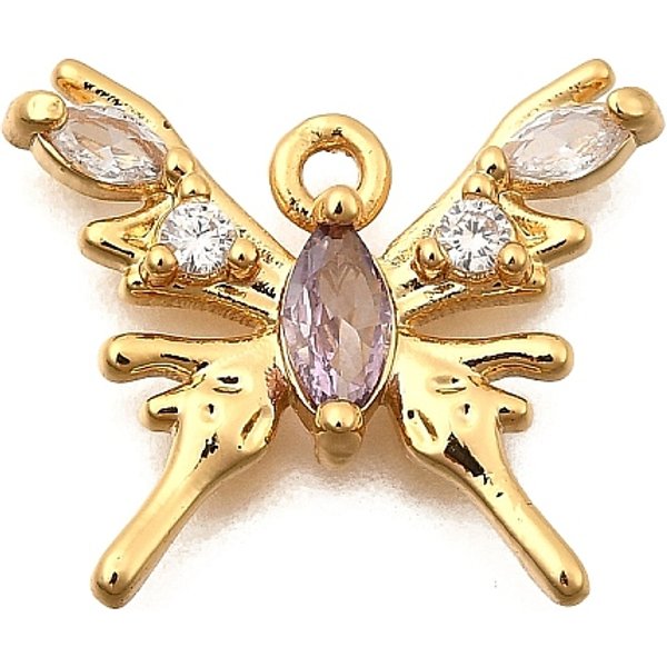 Ottone Micro Spianare Pendenti Zirconi, Placcato Di Lunga Durata, Nichel Libero, Vero Placcato Oro 18K, Farfalla, 15.5X18X3Mm, Foro: 1.4 Mm-image
