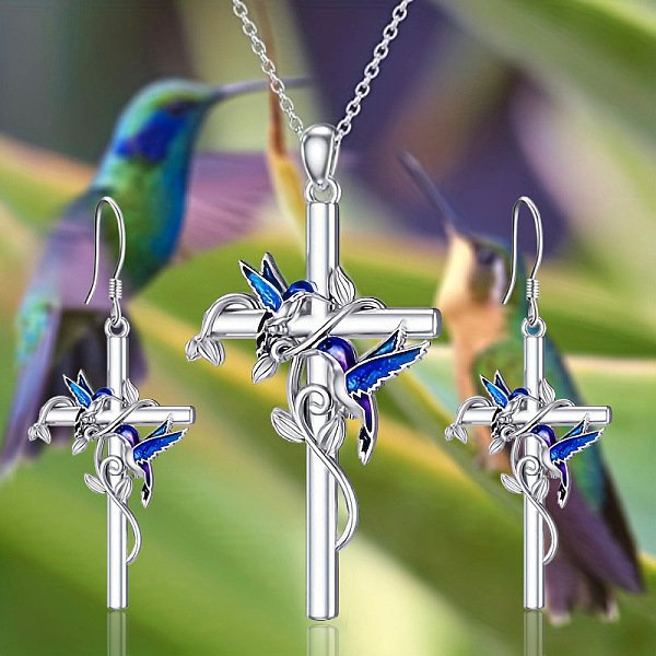 Kreuz Mit Vogel-AnhäNger Aus Emaille-Legierung, Halsketten Und OhrhäNger-Sets, Platin Farbe, 450 Mm & 43 Mm-image