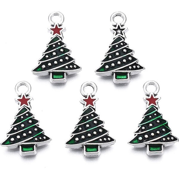 Christmas Alloy Enamel Pendants, Cadmium Free & Nickel Free & Lead Free, Platinum, Christmas Tree, Dark Green, 21X13X3Mm, Hole: 2Mm-image